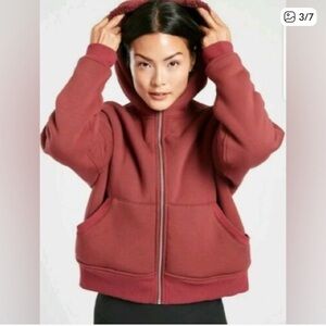 Athleta Sherpa Hooded Jacket Reversible Cropped Zip-up Coat Burgundy Size Small